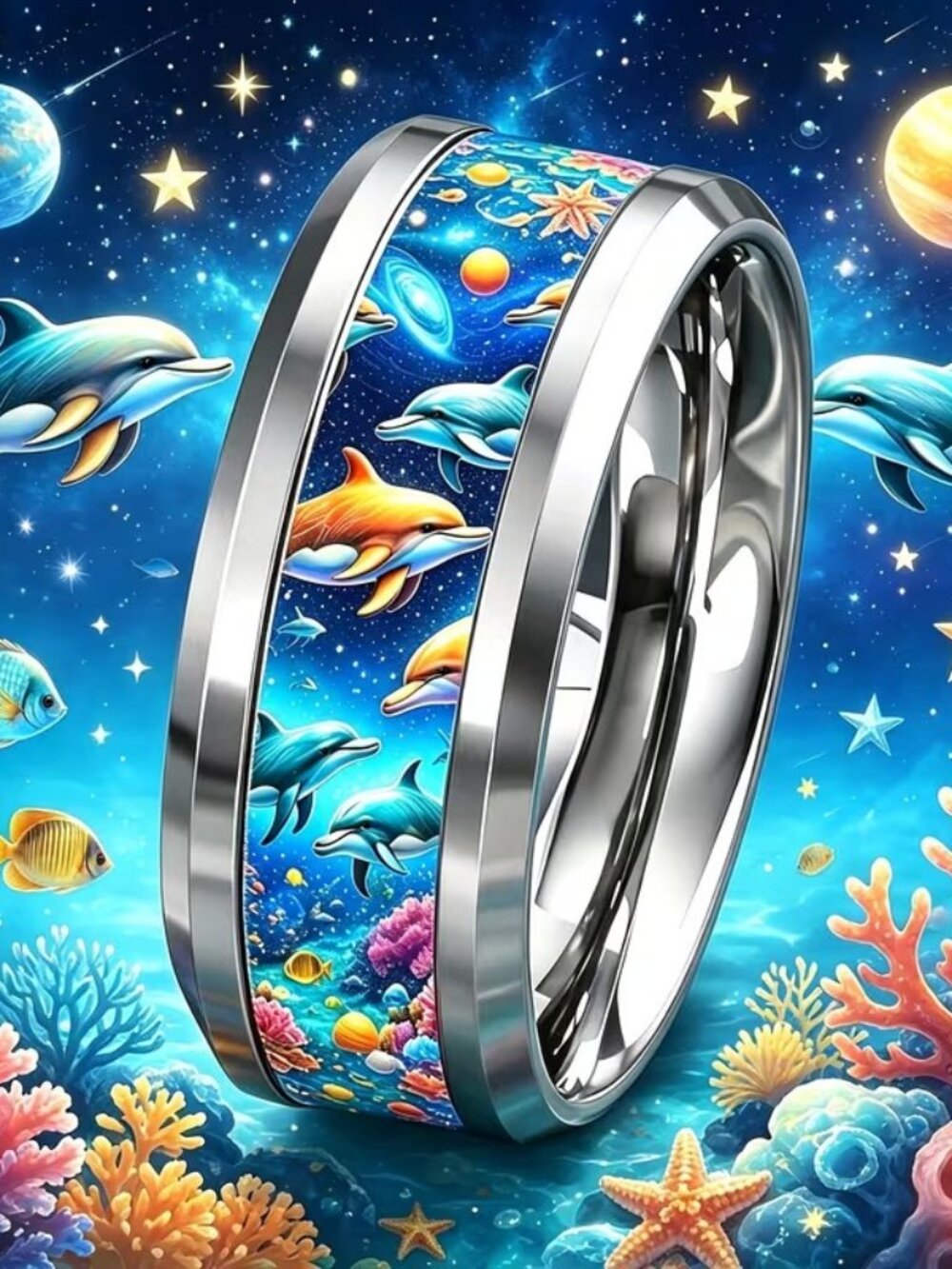 Silver Stainless Steel SEA LIFE Dolphin Band Ring Size 7